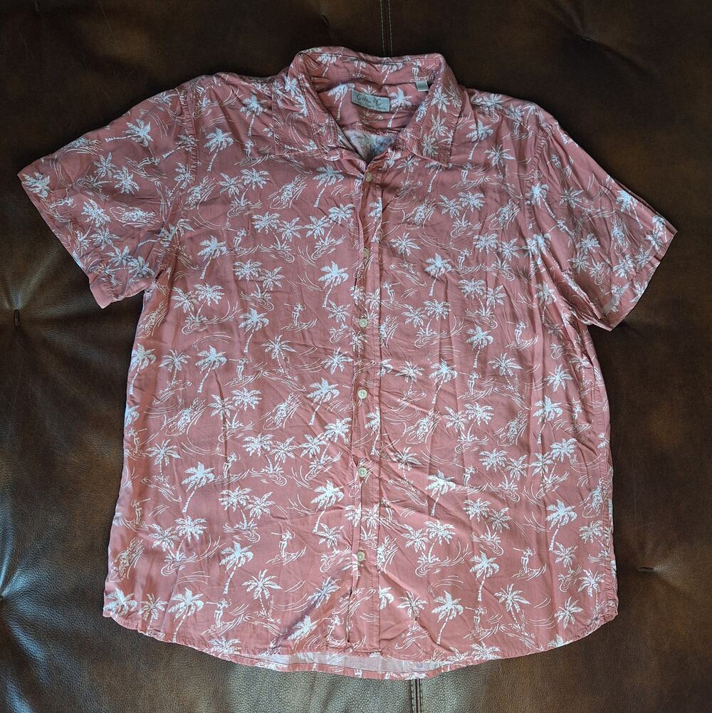 Cotton & Co Coral White AOP Tropical Palm Trees Short Sleeve Button Up Shirt XL